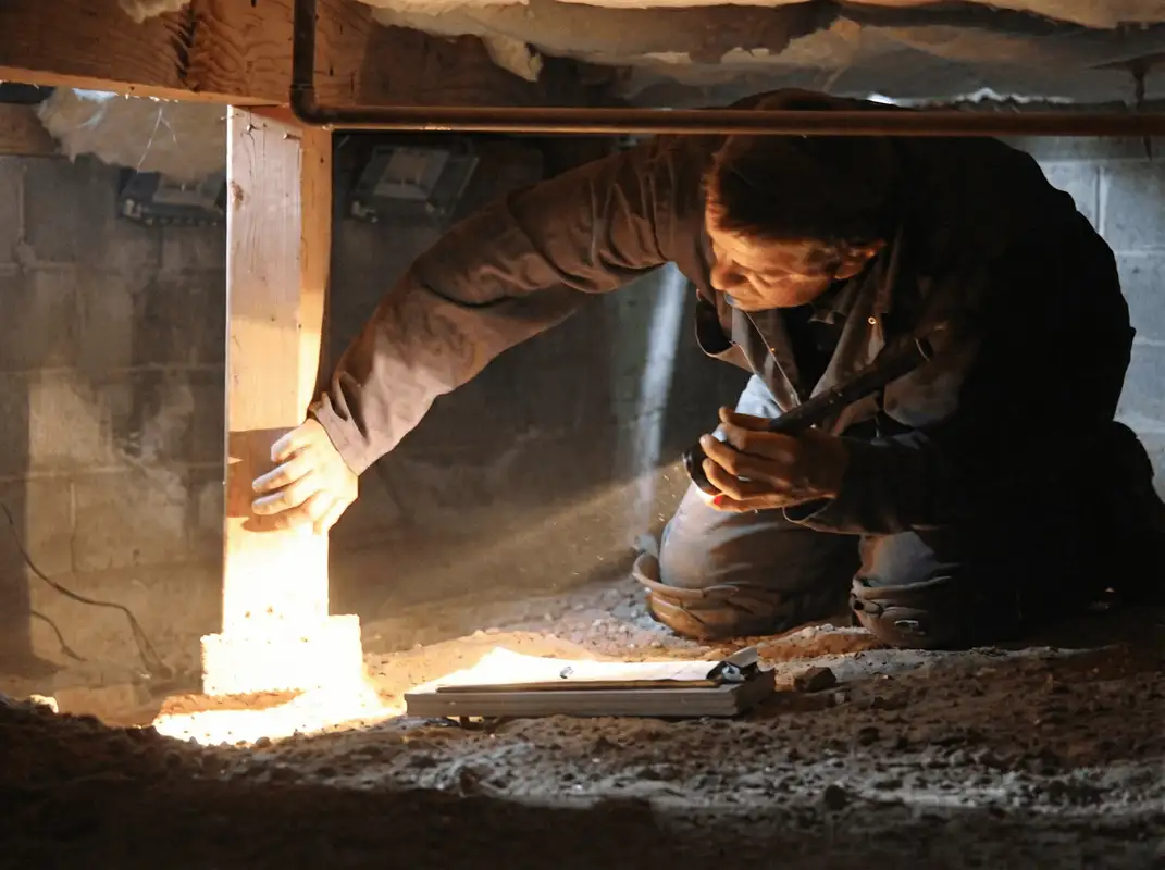 A professional inspecting wooden beams under the floor of a structure in Fort Lauderdale, FL